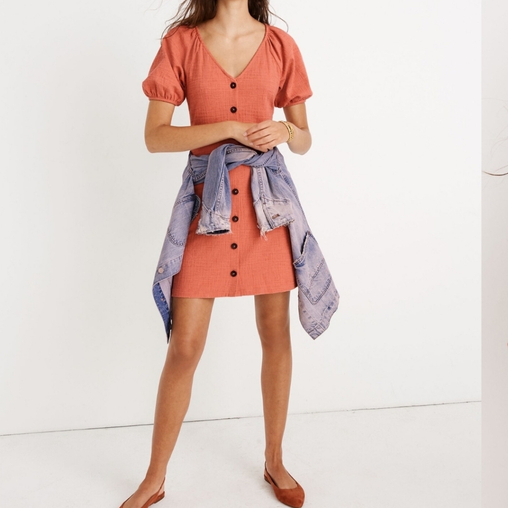 Madewell Texture & Thread Puff-Sleeve Dress Sweet Dahlia Coral Womens‎ Size L